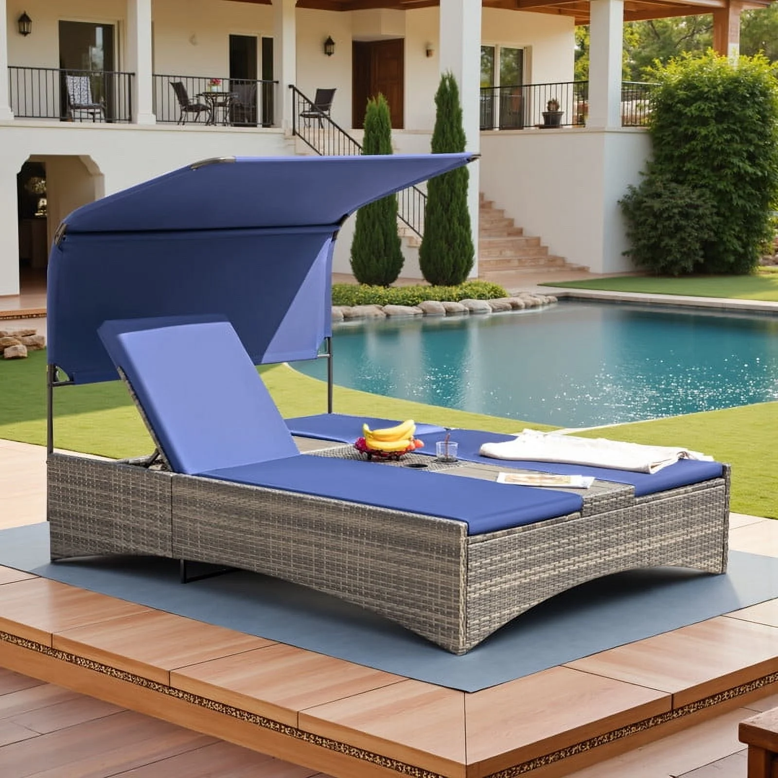 Rattan Double Lounge Chaise, Adjustable Backrest Daybed with Sunshade and Cup Holder for Deck, Poolside, Balcony,beige(Beige) - Image 9