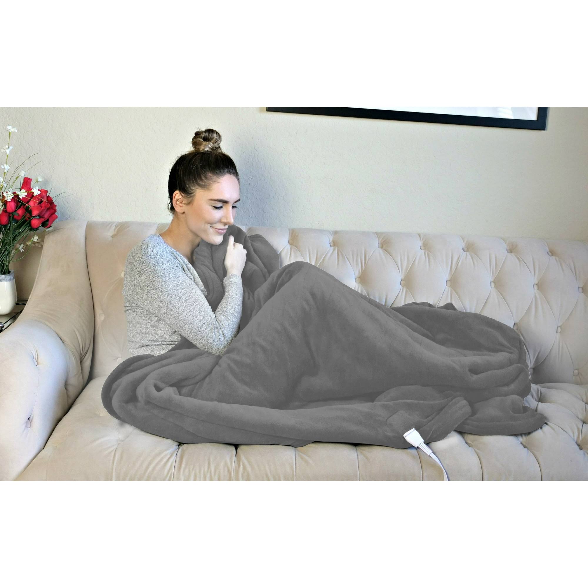 Biddeford Luxuriously Soft Velour and Sherpa Heated Throw Blanket - Charcoal Grey