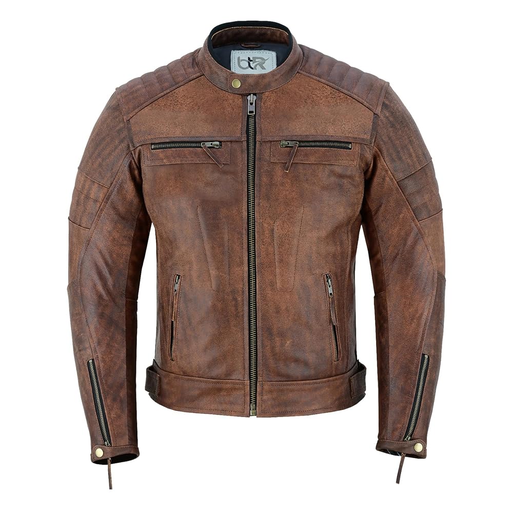 Men’s Leather Motorcycle Jacket, Distressed Biker Riding Jacket with Armor Pockets, Removable Liner