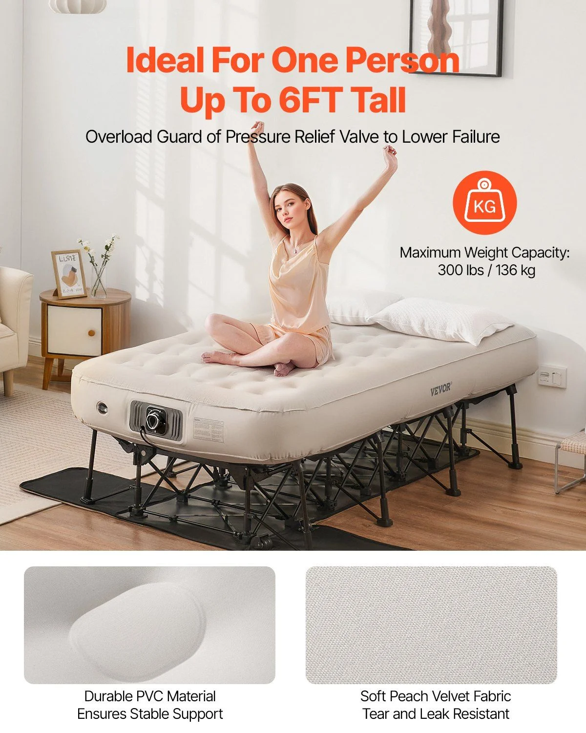 Air Mattress with Frame, Inflatable 1 Person Camping Cot with Built-in Pump, Portable Folding Air Beds Supports 300 lbs, Blow Up Anywhere Bed for Guests Camping Travel Indoor Outdoor Use - Image 5