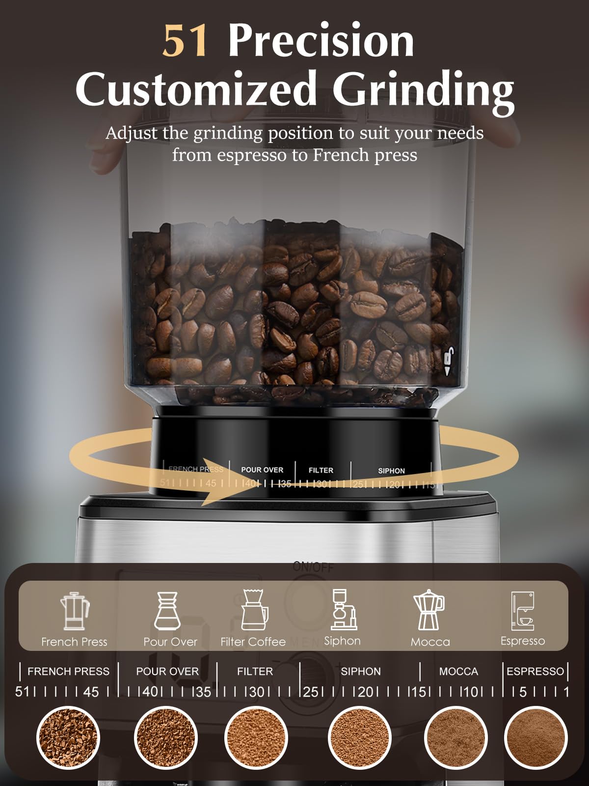 Commercial Conical Burr Grinder, 51-Setting Electric Espresso Grinder for 51-58mm Portafilters with Timer, Anti-Static, Low Noise for Cafe Home
