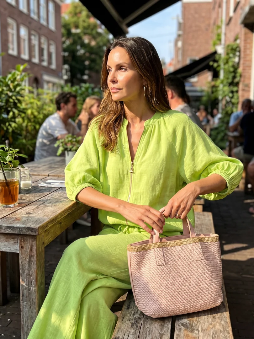 Ensemble blouse zippée et pantalon à jambes larges pour femme