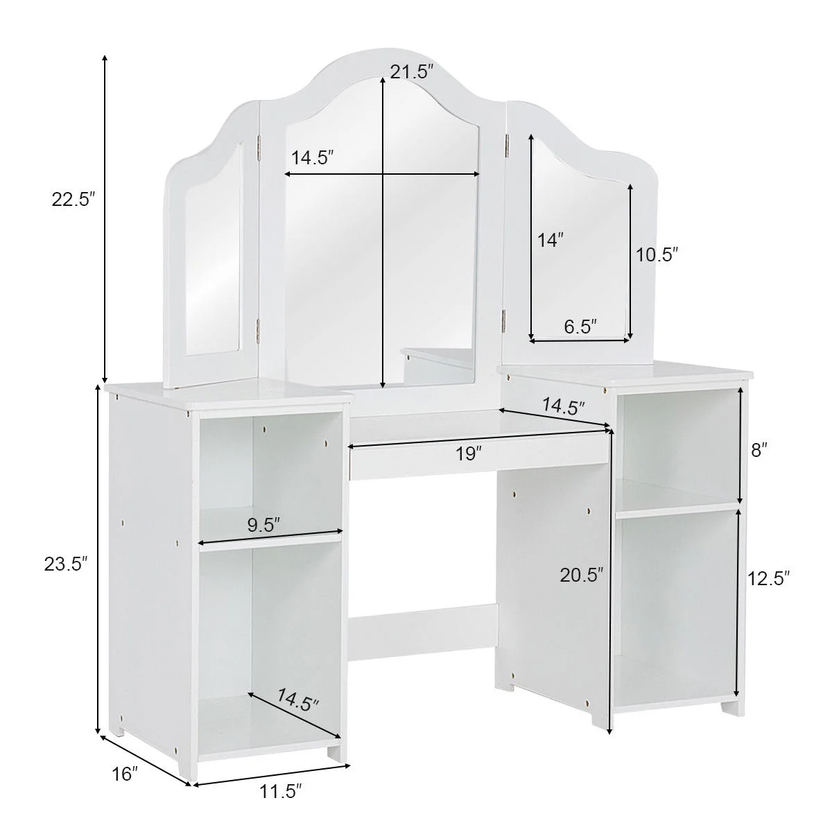 Vanity Table Set Makeup Dressing Kids Girls Study Table Tri Folding Mirror White(White) Image 4