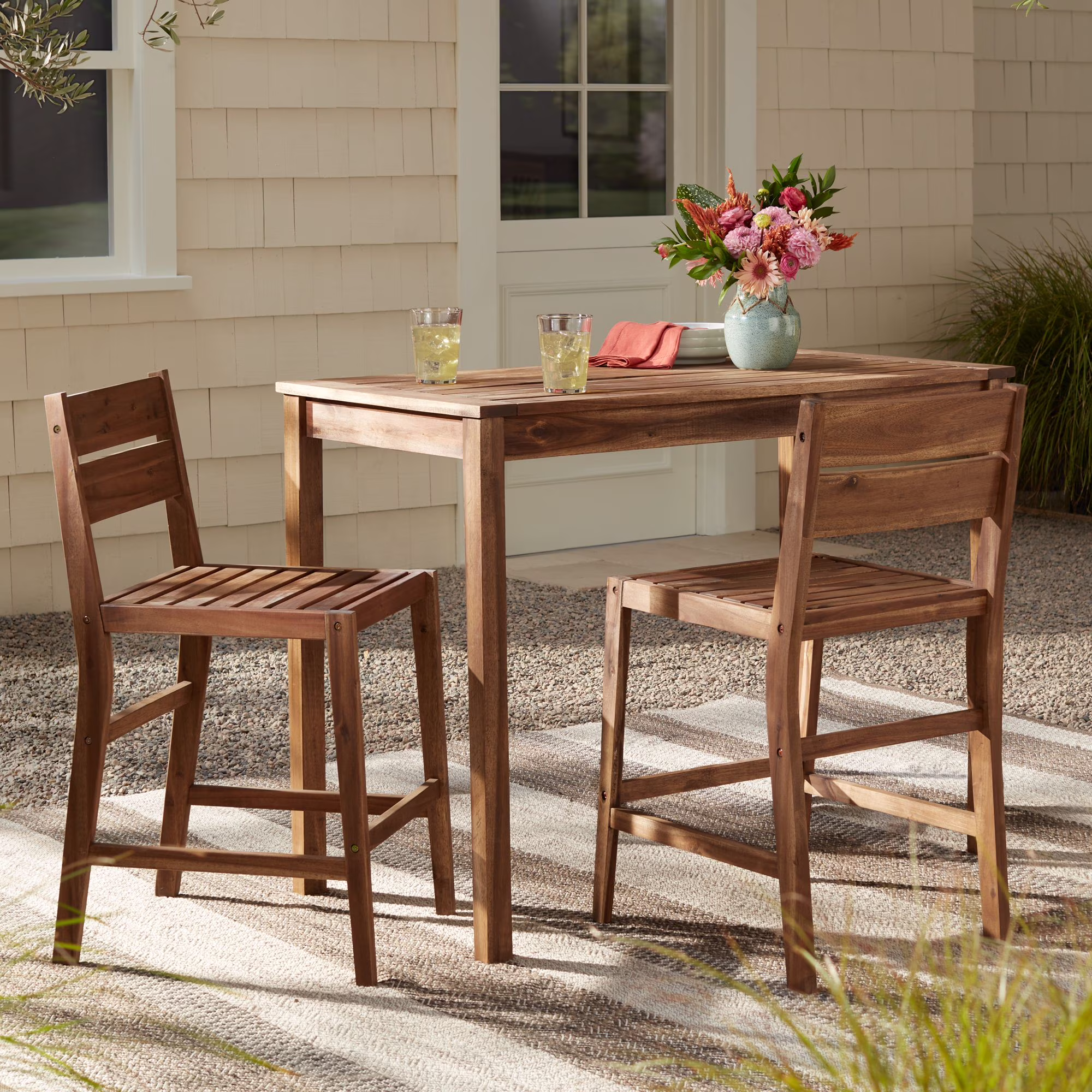 Teal Island Designs Wood Outdoor Bar Stools 24 Set of 2 High Farmhouse Rustic with Ladder Backrest Footrest for Kitchen Counter Island Patio Garden