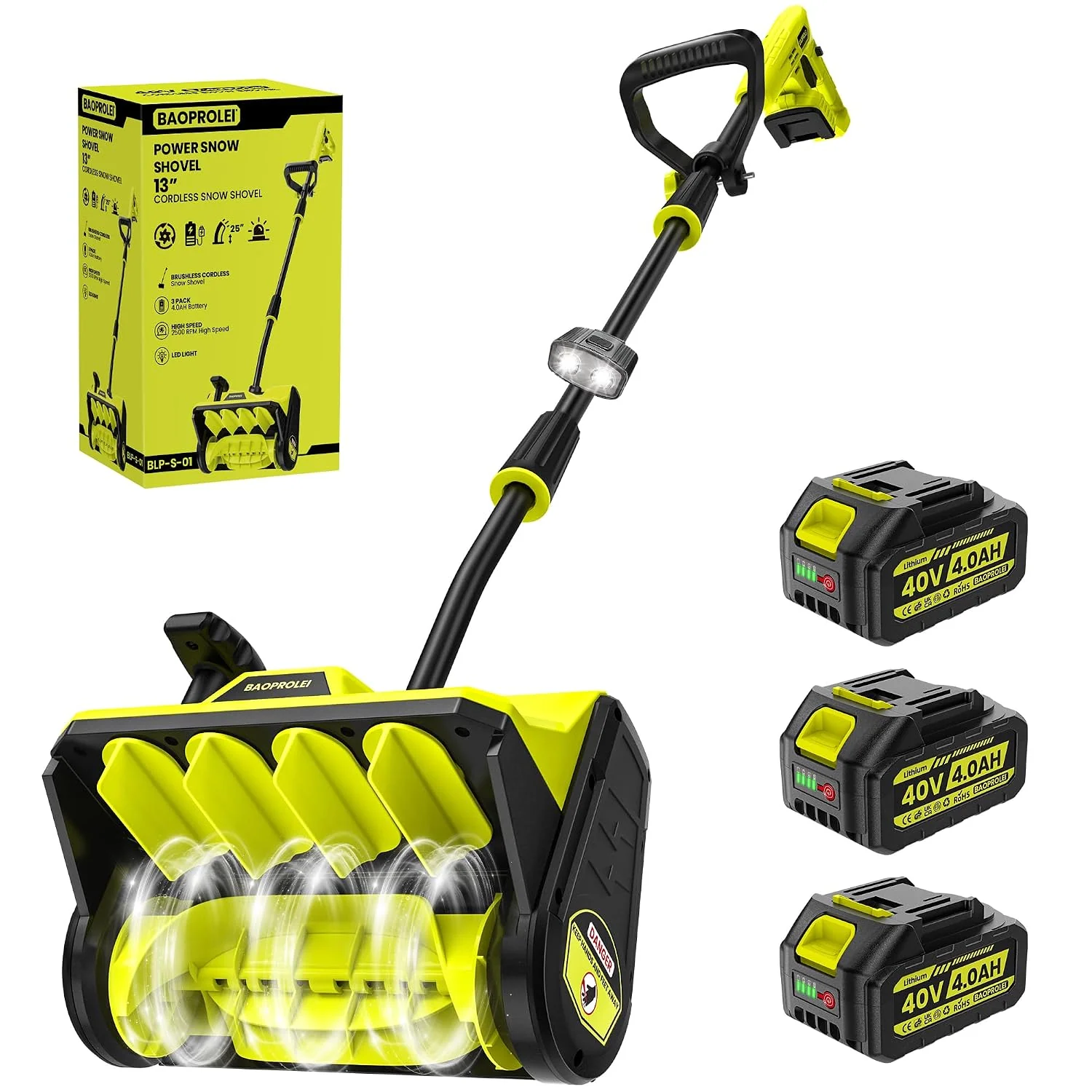 40V Brushless Cordless Snow Shovel, 13Inch Electric Snow Blower with 3 * 4.0 Ah Battery and Charger, Battery Powered Snow Shovel with 25FT Throw Distance for Driveway,Steps, Patio, Sidewalk