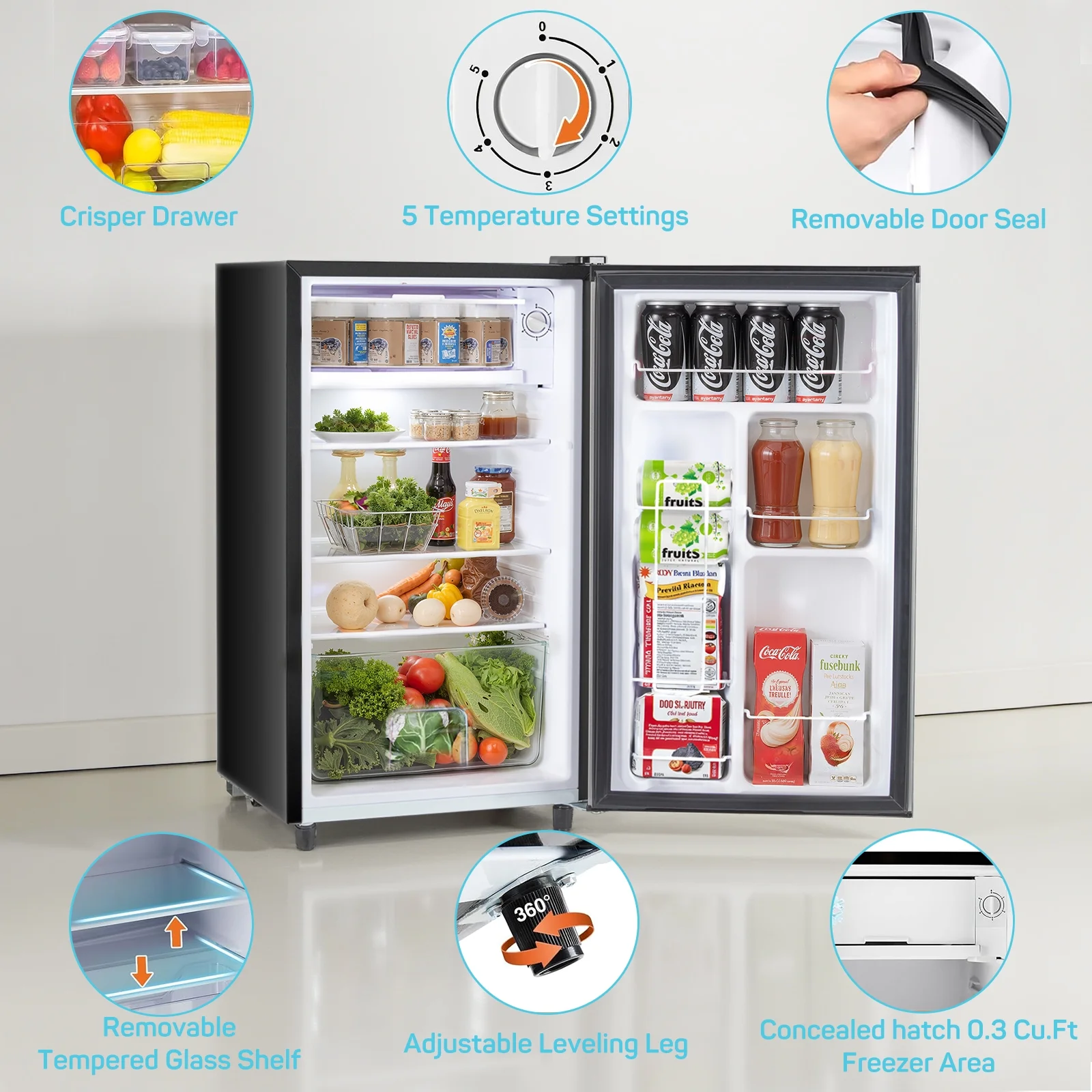 Upgraded Mini Fridge with Freezer, Compact Single Door, 3.2 Cu.Ft , Adjustable Thermostat, Low Noise, Perfect for Bedroom, Dorm, Office, 17.5" D x 17.7" W x 31.5" H, Black(Black) - Image 5