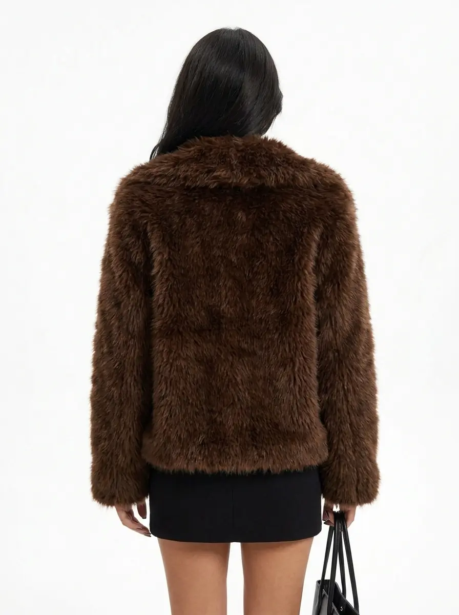 Back view of a women's brown faux fur jacket