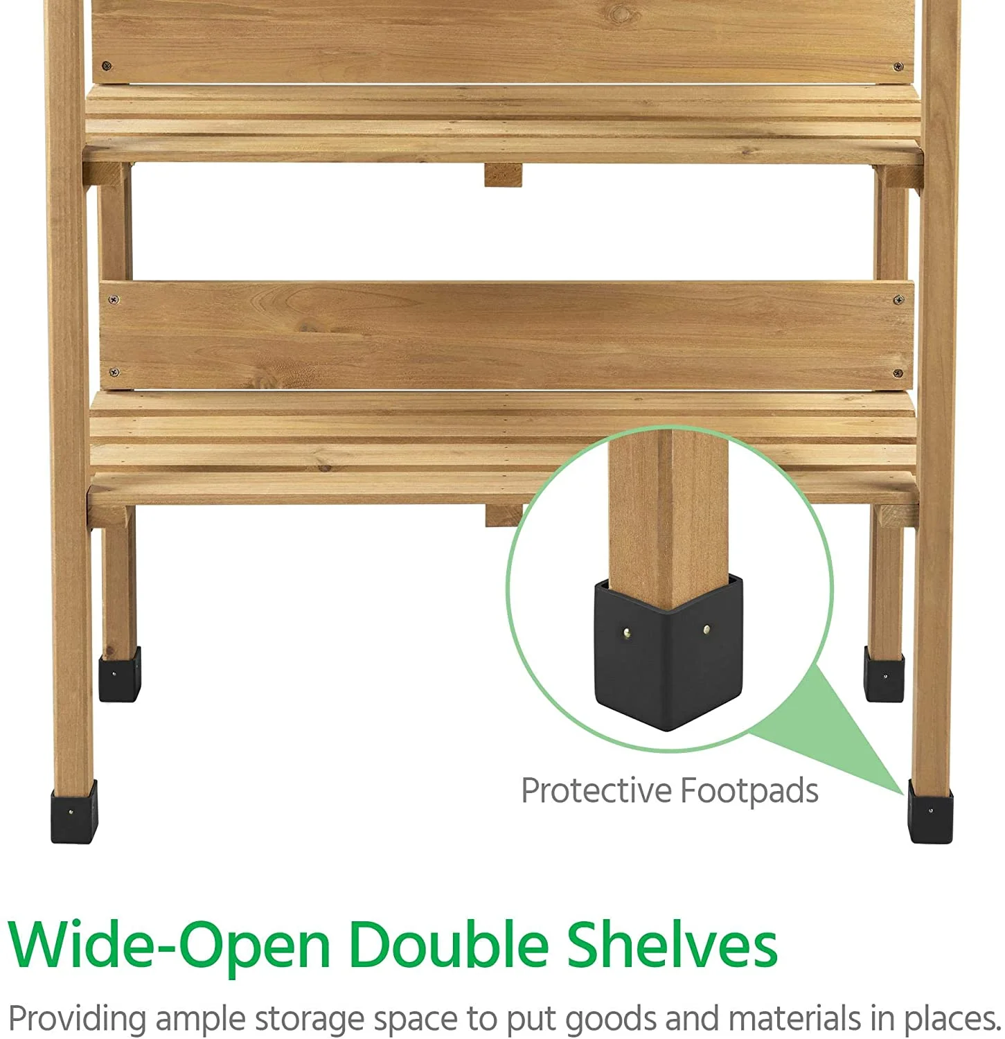 Outdoor Garden Potting Bench Table Wooden Horticulture Planting Worstation w/Metal Tabletop/Storage Shelf/3 Hooks, Natural Wood - Image 8
