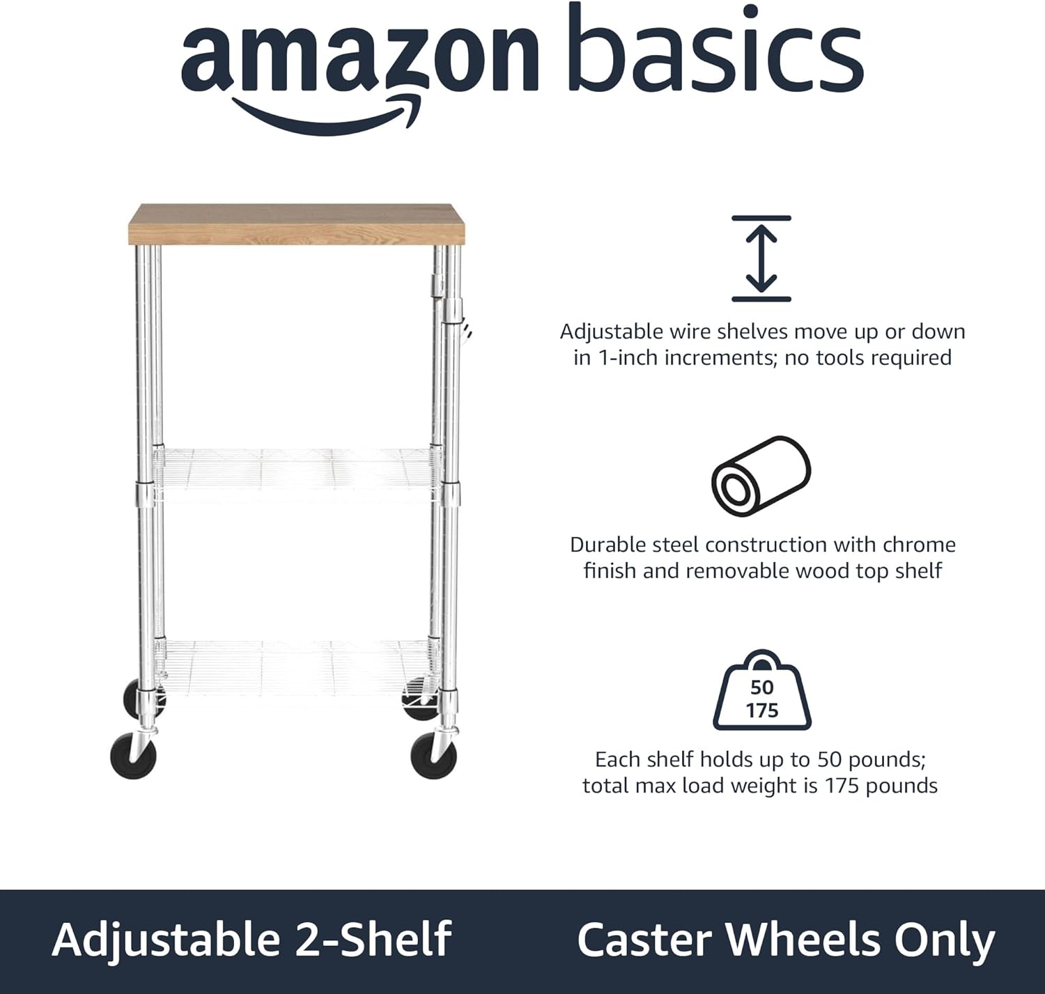 Amazon Basics Portable Kitchen 3-Tier Storage Rack on Caster Wheels with Adjustable 2 Shelves, 175 Pound Capacity, 21 x 15 x 36.7 inches (LxWxH), Wood/Chrome