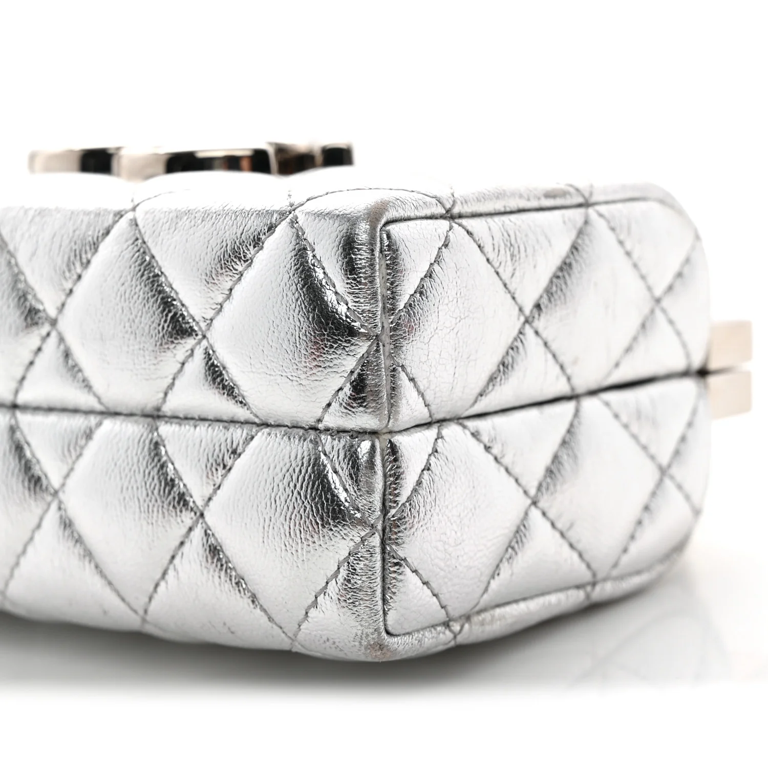 Metallic Calfskin Quilted Box Crossbody Silver