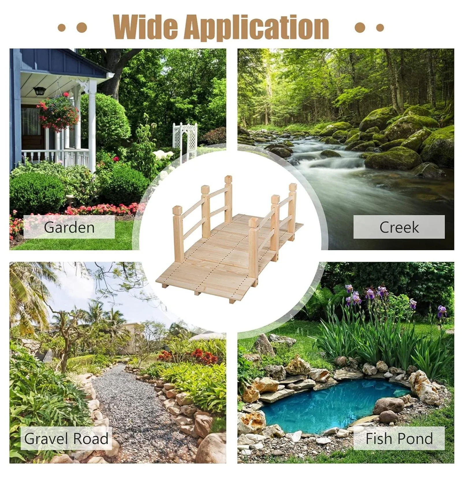 Garden Bridge, 5FT Wooden Arc Footbridge for Outdoors with Safety Guardrails, Decorative Landscaping for Garden Yard Walkway Creek Farm, 400 LBS Capacity (Natural Finished) Image 8