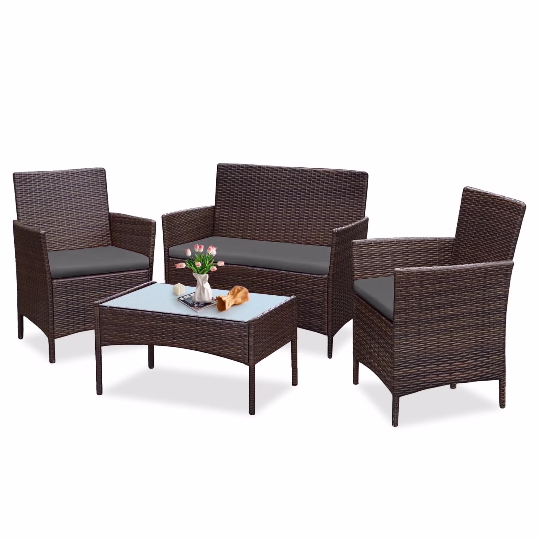 4 Piece Patio Conversation Wicker Furniture Set, Porch Furniture Outdoor Sectional Furniture Set w/Coffee Table Cushions Wicker Sofa Garden Conversation Set for Yard Pool Backyard,Black/Red(Red) - Image 5