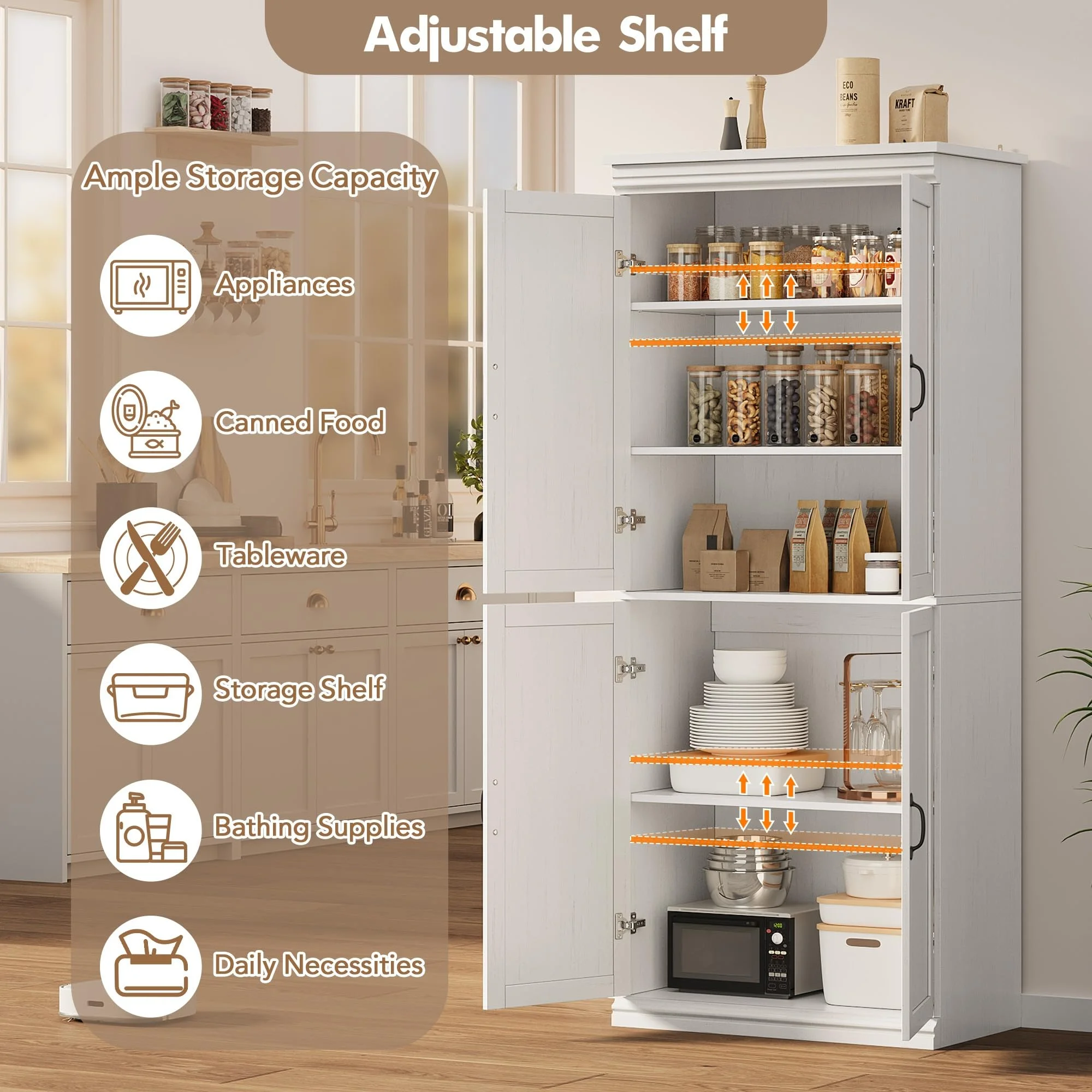 Pantry Cabinet, Freestanding Kitchen Pantry Storage Cabinet,70" Cupboard, Tall Storage Cabinet with Doors and Adjustable Shelves, for Bathroom, Dining Room, Living Room, Antique White/Gray(Antique White) - Image 6