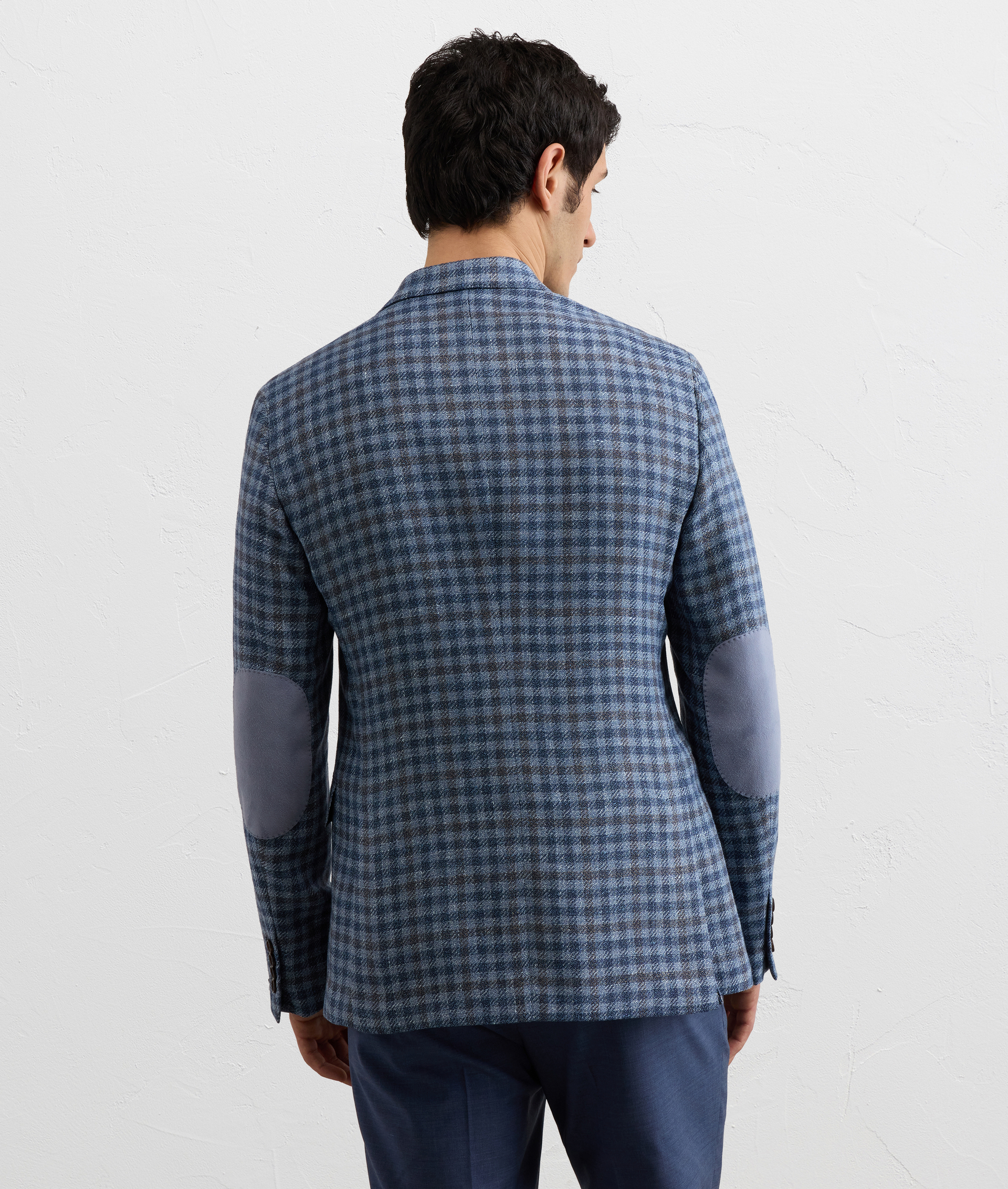 BLUE CHECKED WOOL AND LINEN BRERA LINE UNLINED JACKET WITH SUEDE DETAILS