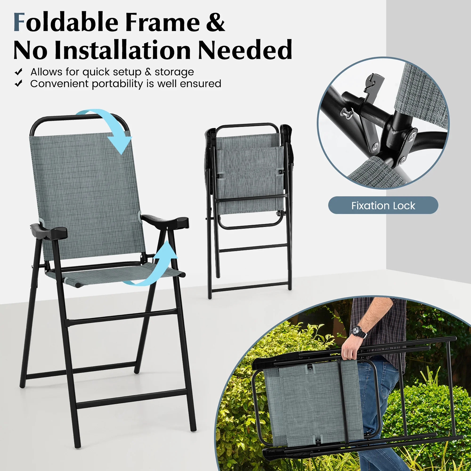 Gymax 4 PCS Patio Bar Chair Folding Bar Height Metal Frame w/ Footrest Garden Blue