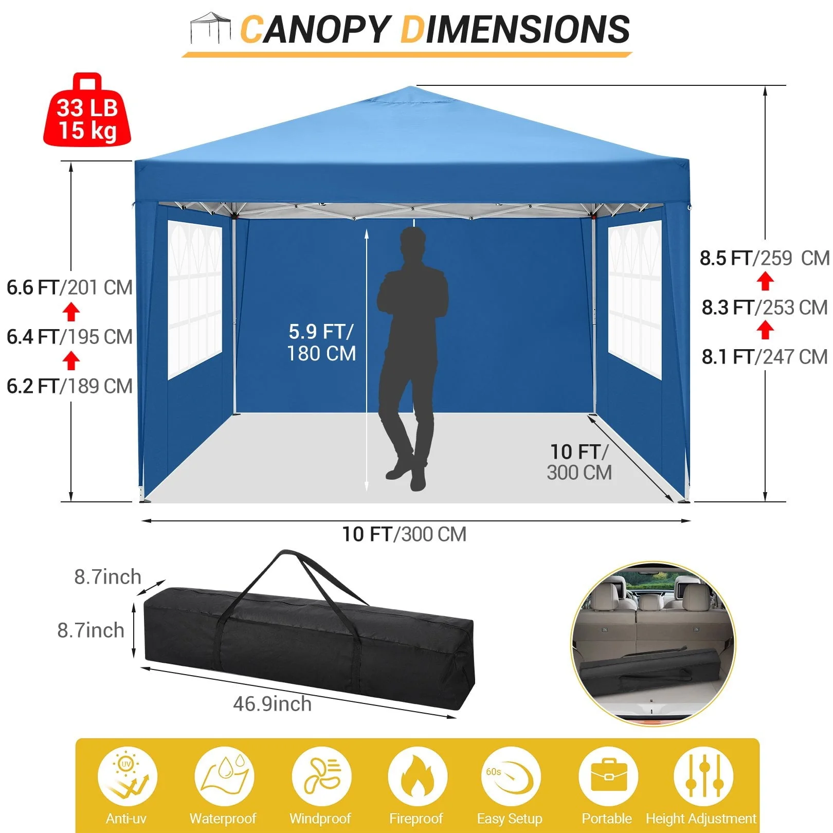 10x10 FT Pop Up Canopy Tent Anti-UV Waterproof Outdoor Instant Party Wedding Backyard Canopy Tent Shade Shelter for Beach Party Commercial Booth Gazebo, Blue - Image 10