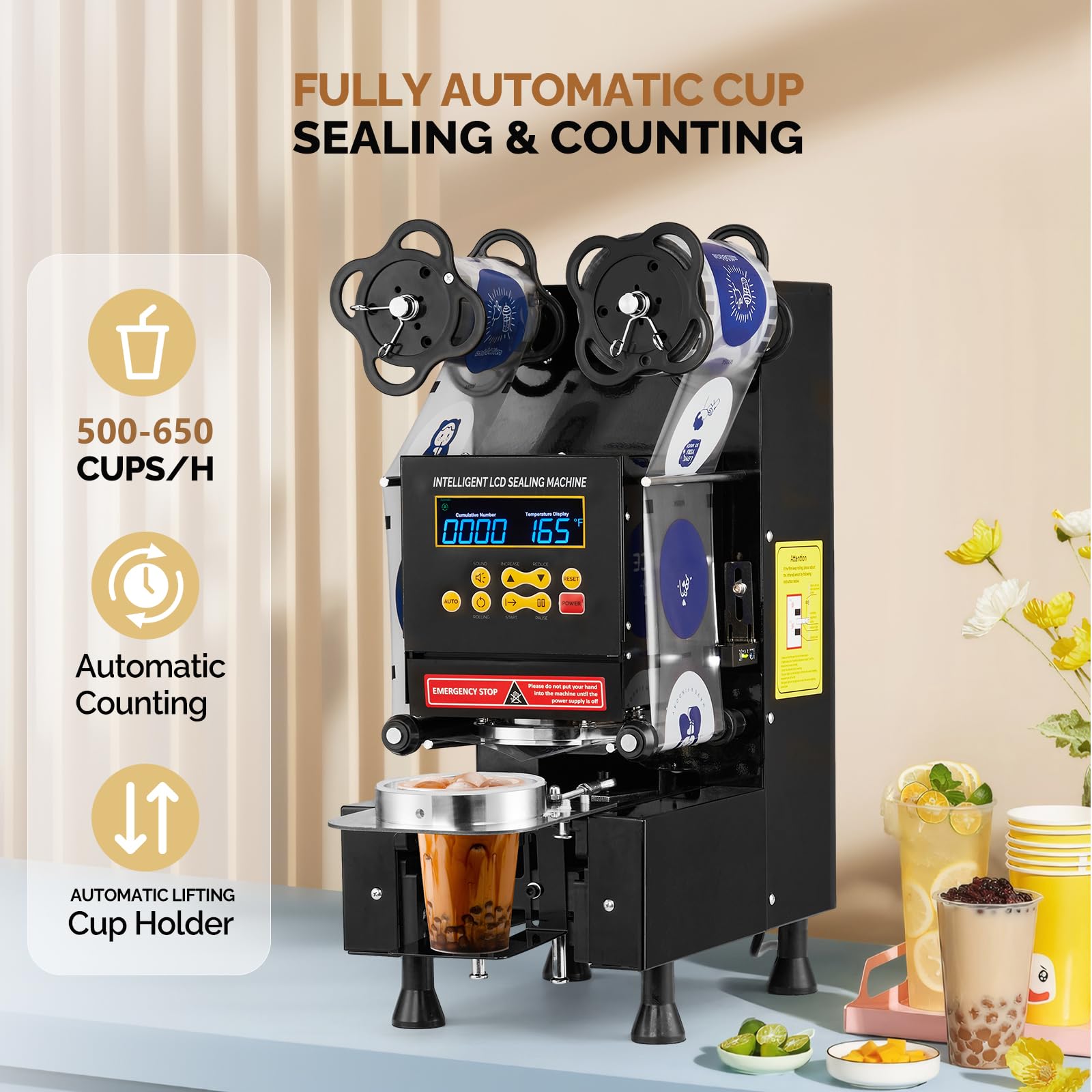 Cup Sealing Machine,Cup Sealer Machine Full Automatic,Electric Cup Sealing Machine 500-600 Cups/H,Bubble Tea Machine with Digital Control LCD Panel 88/89/90/95mm for Bubble Milk Coffee Black