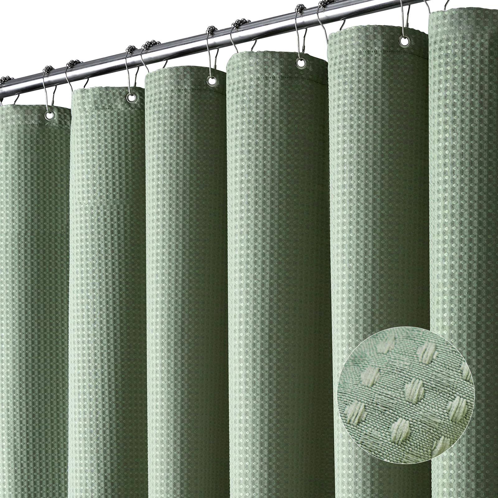 Dynamene Sage Green Shower Curtain - Waffle Textured Heavy Duty Thick Fabric Shower Curtains for Bathroom, 256GSM Luxury Weighted Polyester Cloth