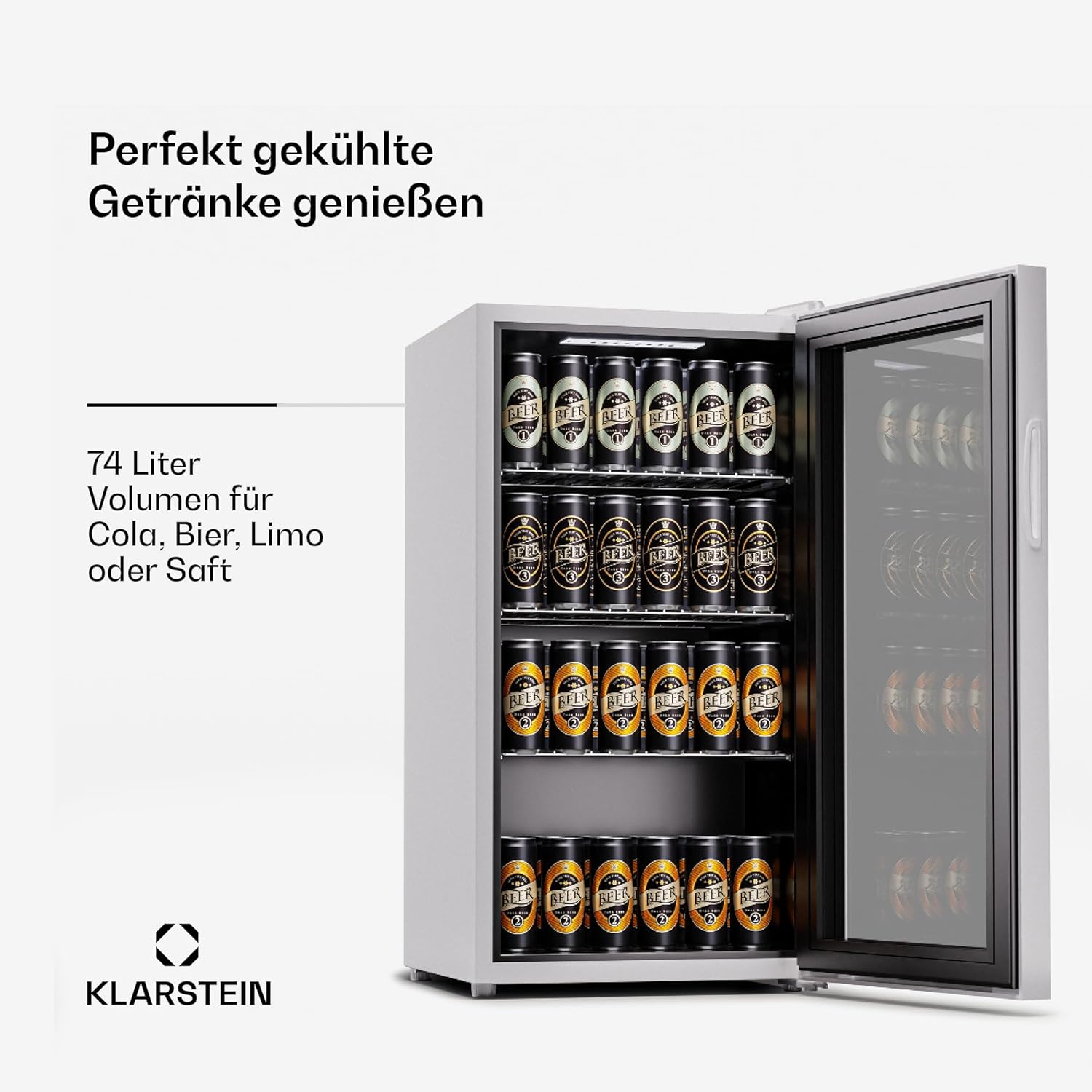 Klarstein Mini Koelkast met Glazen Deur voor Kamer, Drankenkoelkast met Verstelbare Planken, Klein 80 Liter, Indoor/Outdoor Koelkast Stil