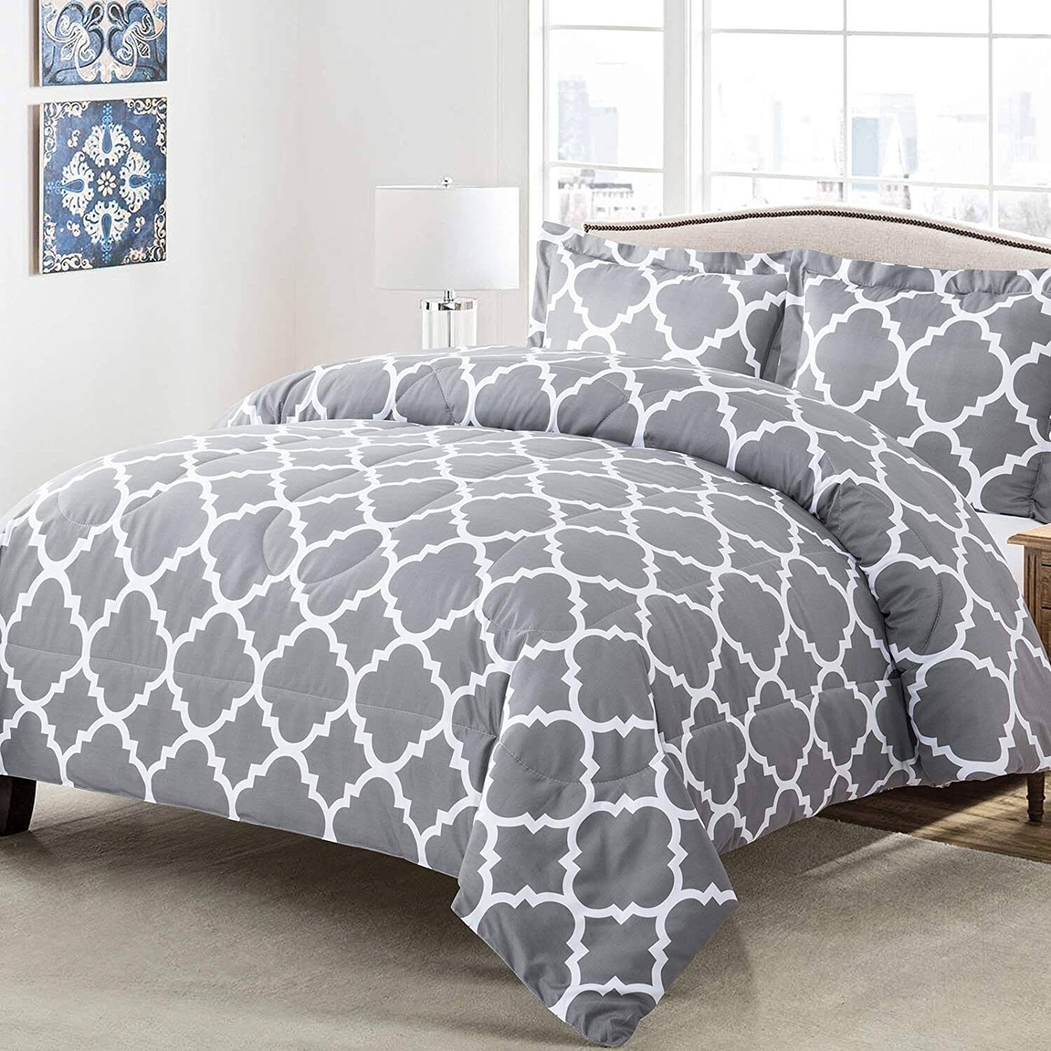 Shatex Microfiber 3 Pieces Bedding Comforter Sets Geometry, Queen - Geometry-grey