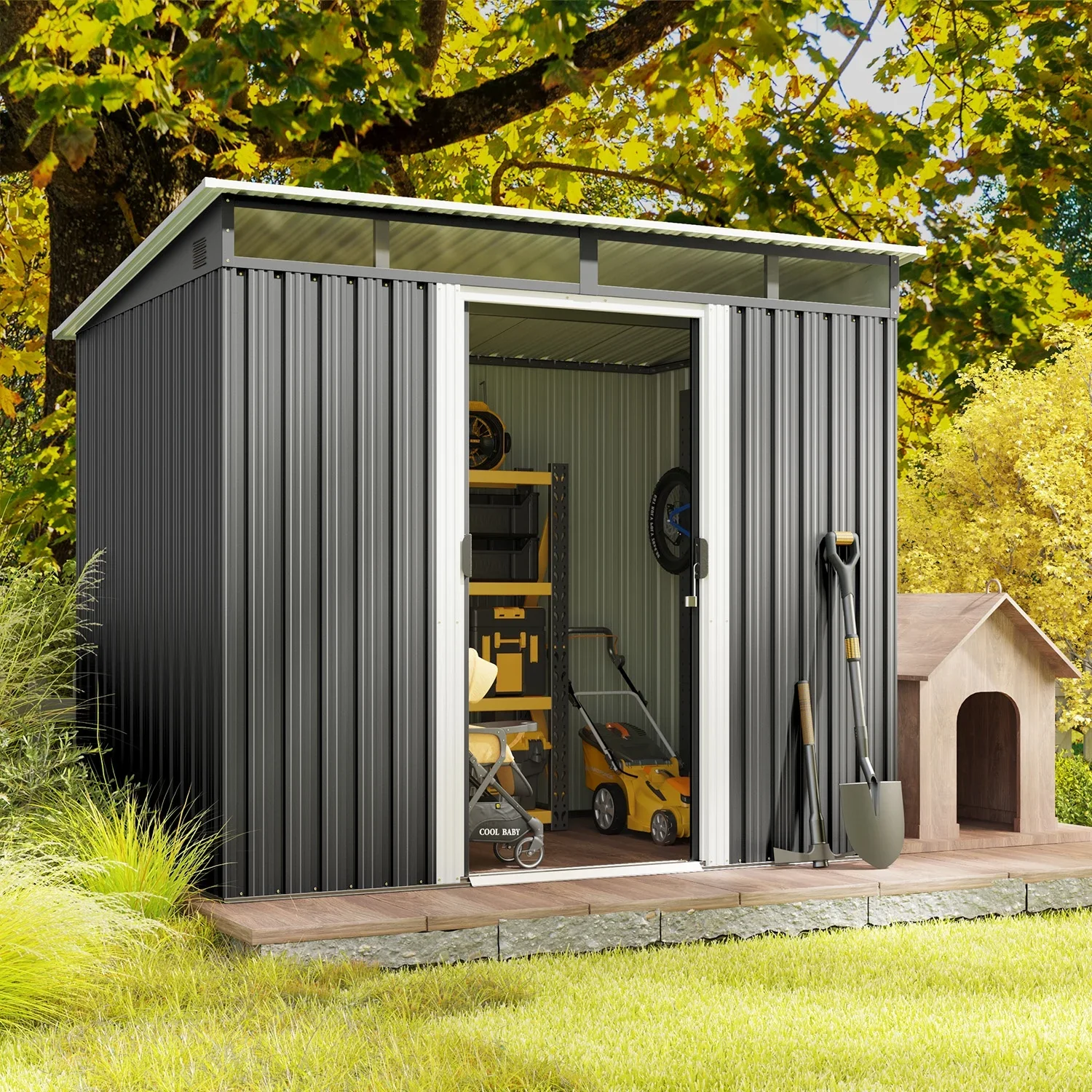 8'x6'ft Metal Shed , Asofer Outdoor Storage Shed with Transparent Panel Window for Garden, Dark Gray