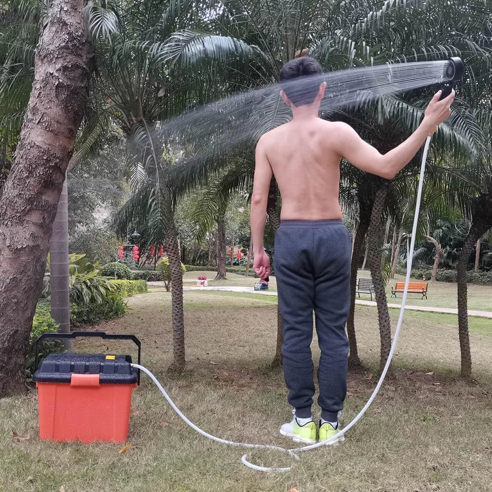 Portable Outdoor Shower System, 6.6-GALLON, High Pressure, Battery Powered, 12000MAH, with Pump & Garden Hose Nozzles, Ideal for Camping