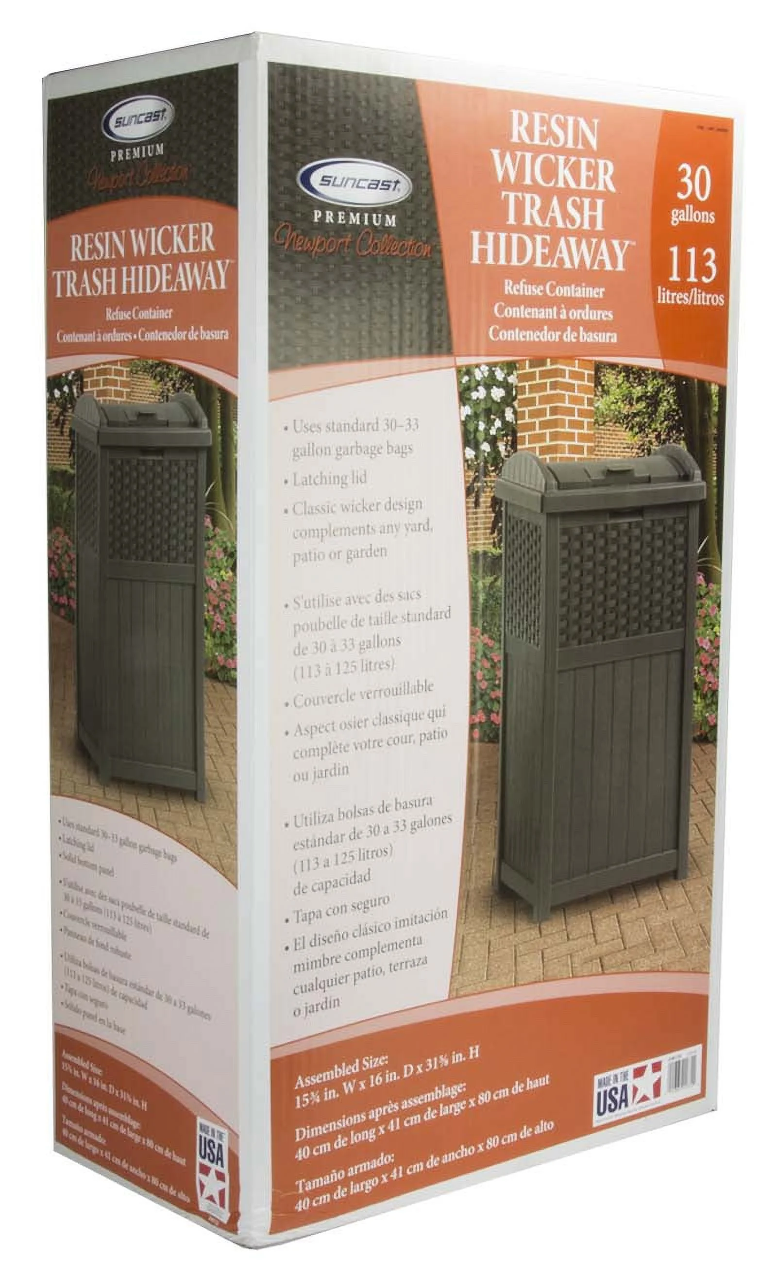 Suncast 77 Quart Patio Cooler W/ Cabinet and Basket W/ Wicker Trash Hideaway