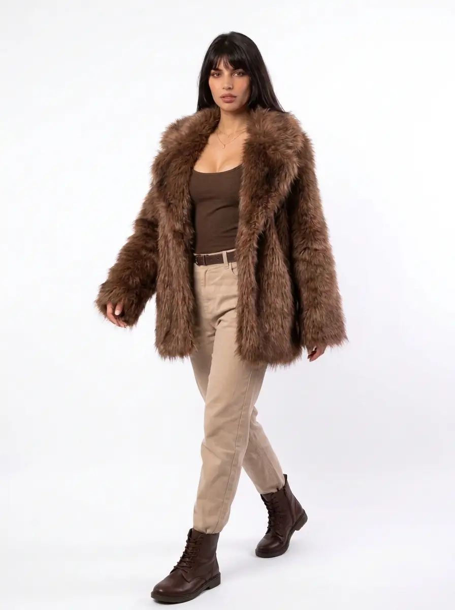 Woman wearing a light brown faux fur coat with beige pants