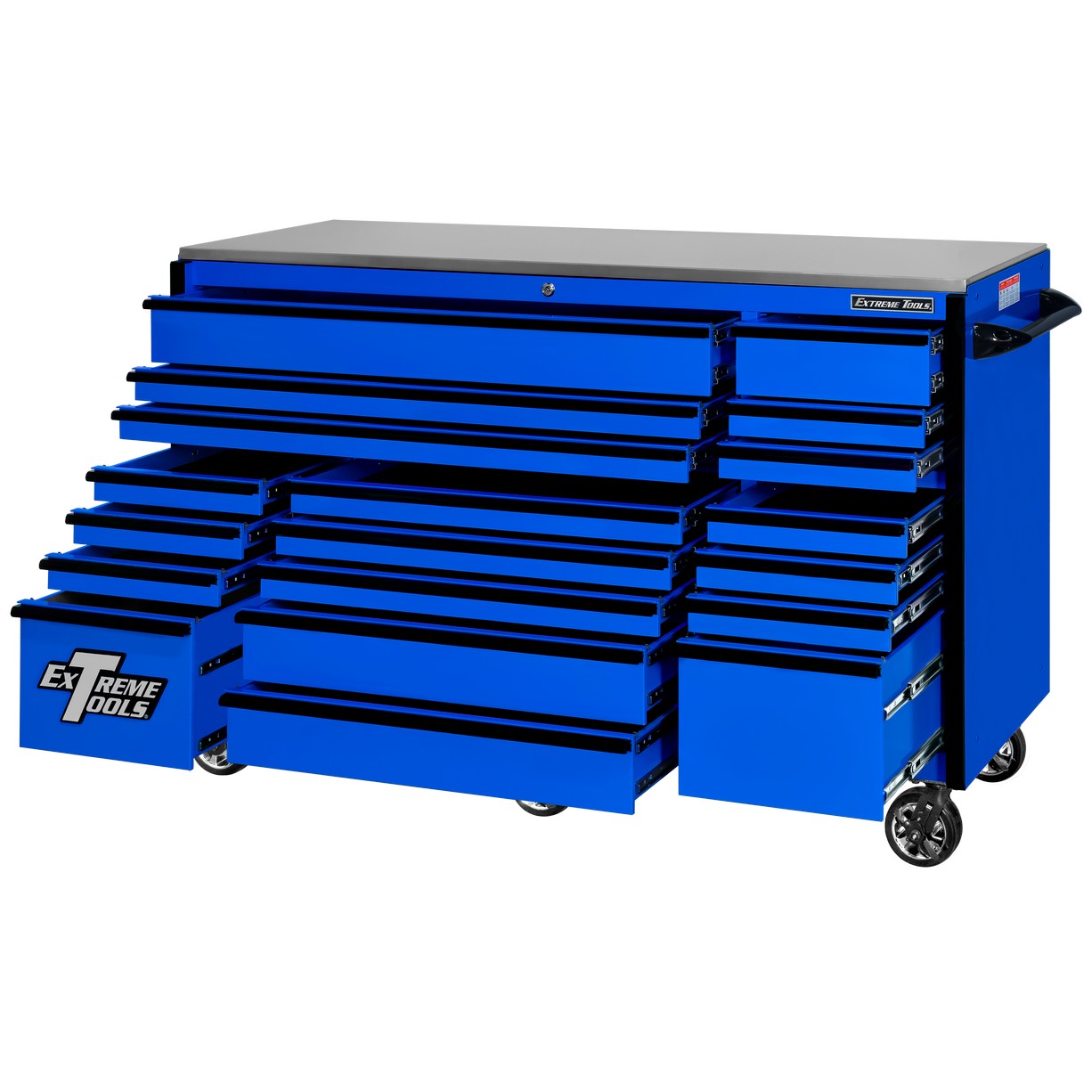 Servante d'atelier à roulettes Extreme Tools 72″ x 30″, 19 tiroirs avec glissières de 113 kg (250 lb), série RX 250