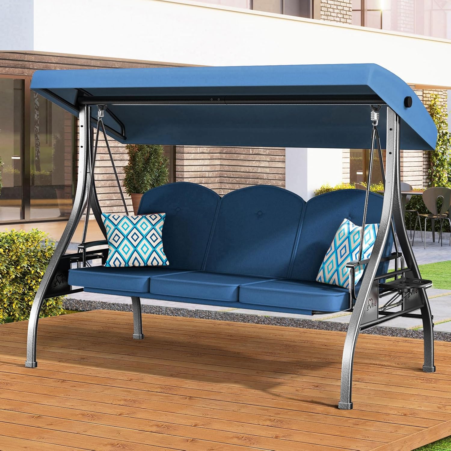 3 Seat Outdoor Porch Patio Swing with Stand 800lbs 2-in-1 Convertible Swing Bed with Adjustable Canopy & Removable Cushion for Yard Garden Deck (Blue  Square Tube)