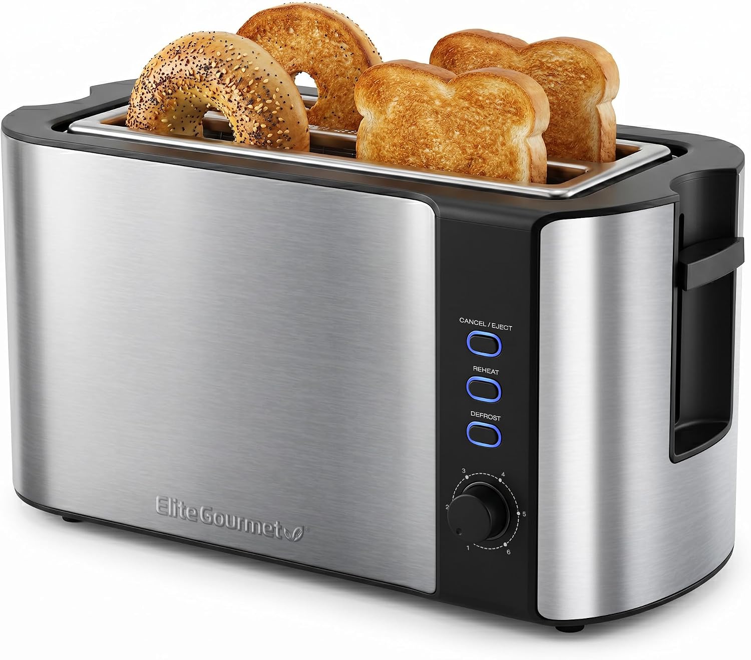 Elite Gourmet ECT-3100 4-Slice Long Slot Toaster, Stainless Steel| Extra-Wide Slots Fit Bagels, Sourdough & Texas Toast, 6 Browning Settings, Reheat, Defrost & Cancel, Built-In Warming Rack