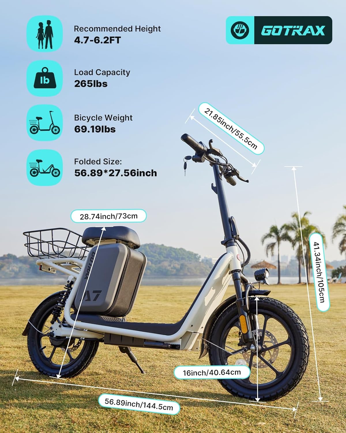 Trottinette électrique Gotrax pour adultes avec siège, autonomie maximale de 30 à 40 km, pneus tout-terrain, larges pédales