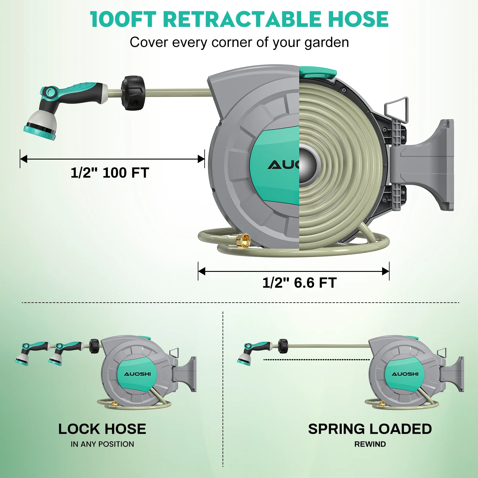 Retractable Garden Hose Reel 1/2" 100ft Automatic Hose Reel with 10 Function Sprayer Nozzle Wall Mount 180 Deg Swivel Bracket Hose Reel with Any Length Lock Slow Return System(100') - Image 8