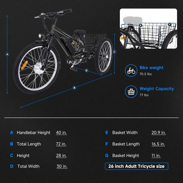 26 Inch Adult 3 Wheel Electric Tricycle with Basket. Fat Tires.7 Speeds.350W Powerful Motor. 36V 10Ah Removable Battery Dark Gray