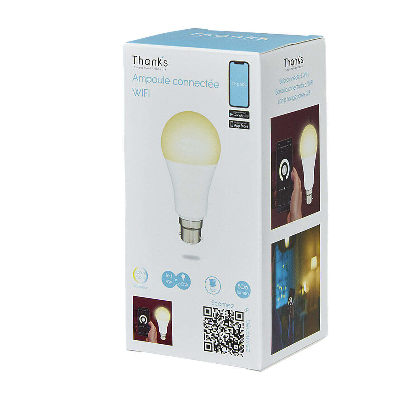 Ampoule LED connectée blanc ajustable B22 60 W