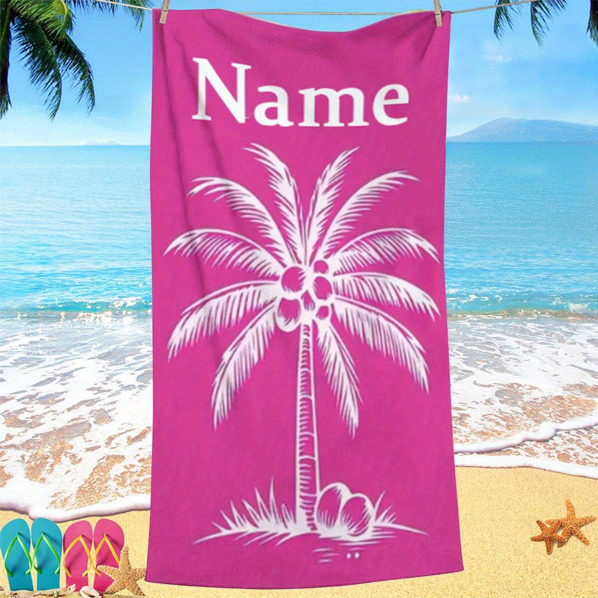 2D Flat Personalized Beach Towel features a 2D flat design, with a pink customized name and palm tree pattern. It is an ideal choice for sand protection and is suitable for various summer activities such as yoga, swimming, fitness, and camping - wanlinfang