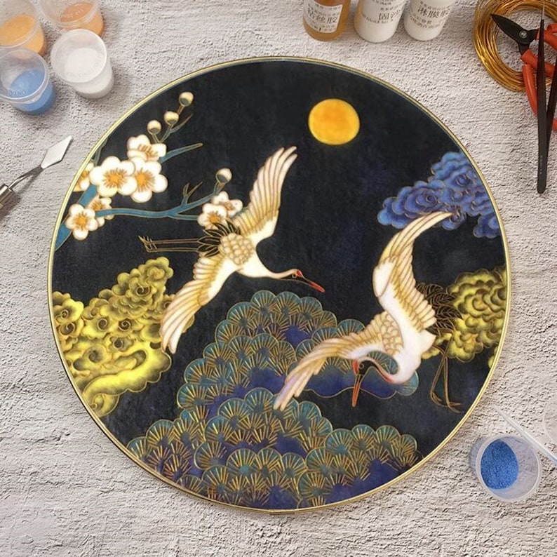 Crowned Crane at Night,Beginner Cloisonné Enamel DIY Kit, with Tutorial& All Tools