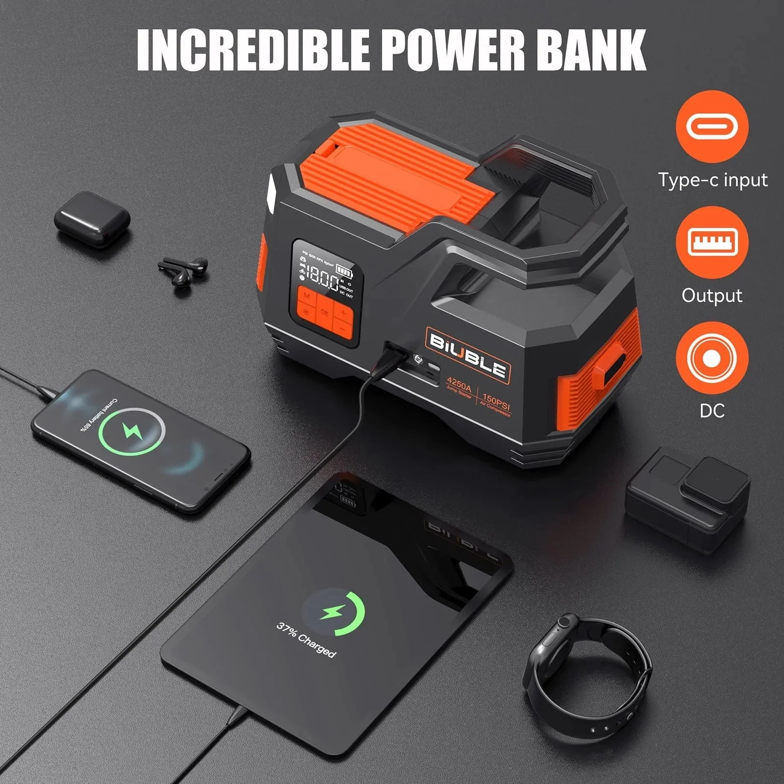 Car Jump Starter with Air Compressor, 4500A Peak 26800MAH 12V Auto with 150PSI Tire Inflator(up to All Gas or 10.0L Diesel Engine