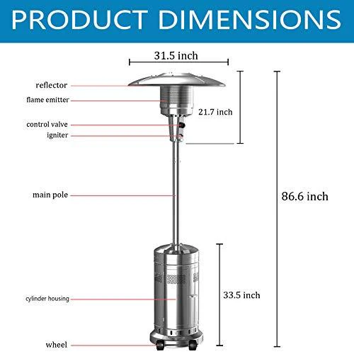 Ensemble de 2 chauffages de terrasse au propane de 48 000 BTU avec parasol et roulettes, en acier inoxydable, chauffage de terrasse extérieur sur pied au propane liquide en acier inoxydable (couleur : argent)