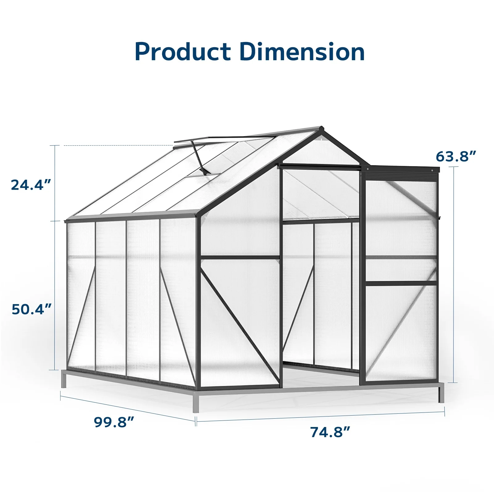 8x6 FT Greenhouse with Lockable Hinged Door Vent Window, Polycarbonate Walk-in Winter Greenhouse Sunroom, Black - Image 6