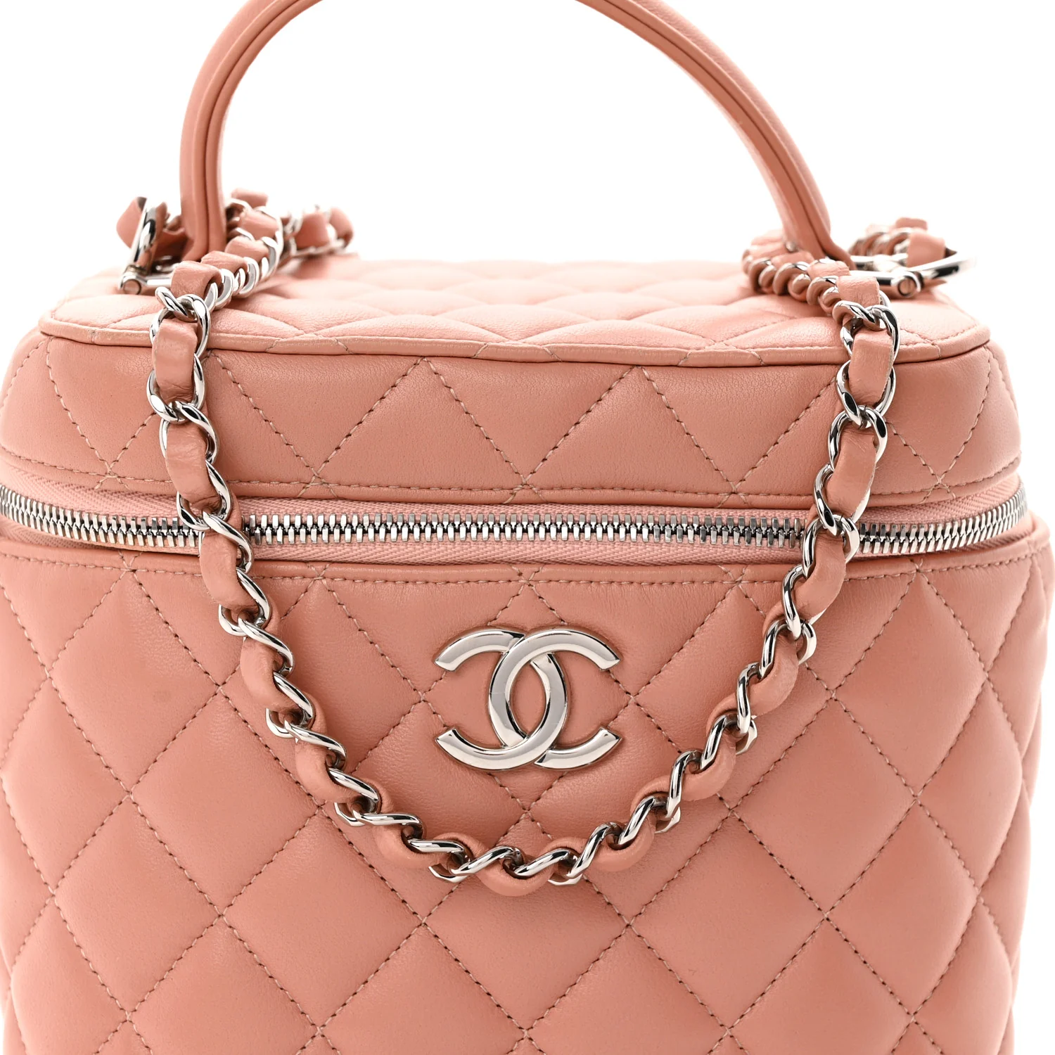 Lambskin Quilted Top Handle Vanity Case With Chain Light Pink