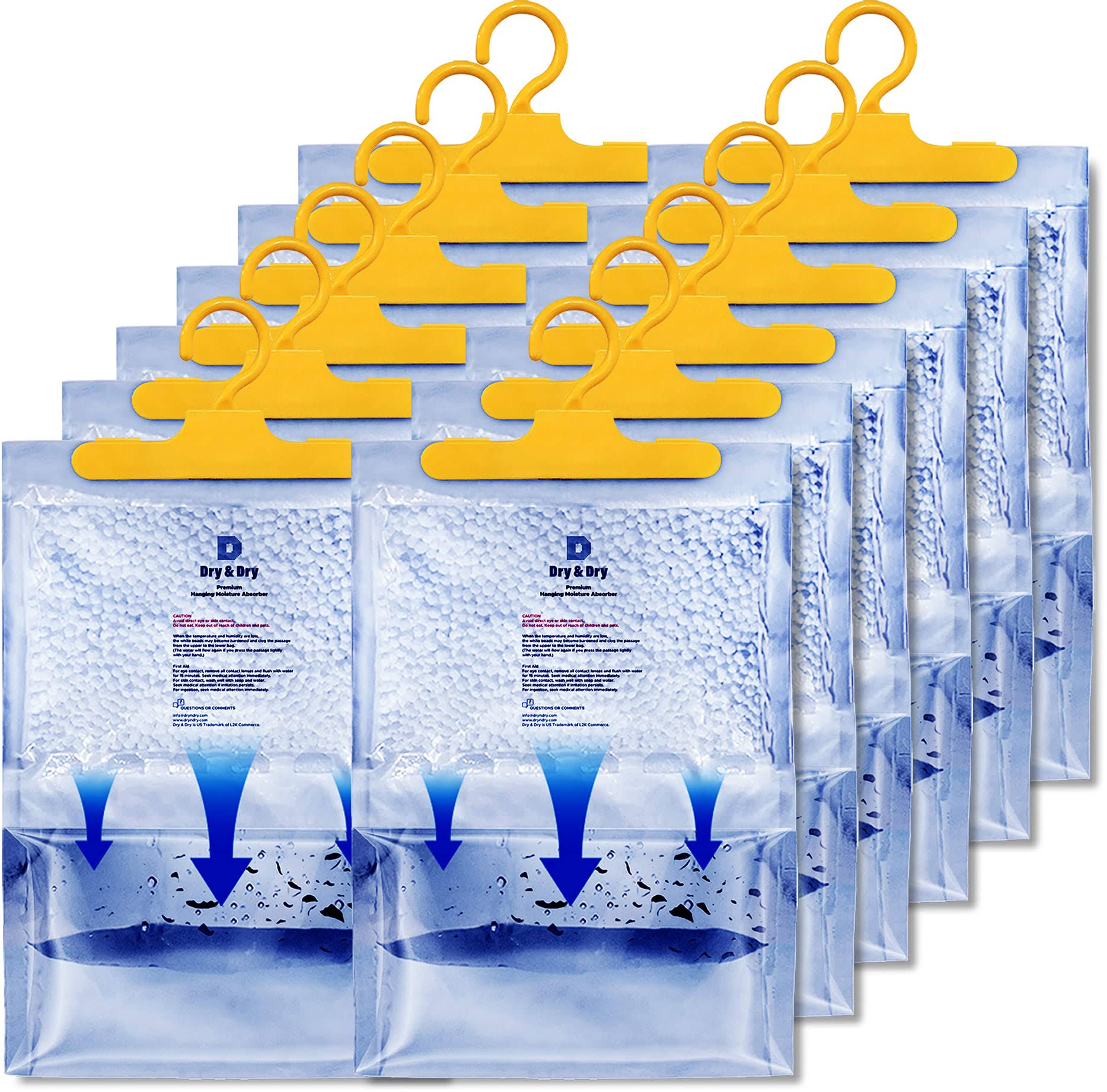 Dry & Dry 12 Packs [Net 14 Oz/Pack] Premium Hanging Moisture Absorber to Control Excess Moisture for Basements, Closets, Bathrooms, Laundry Rooms.