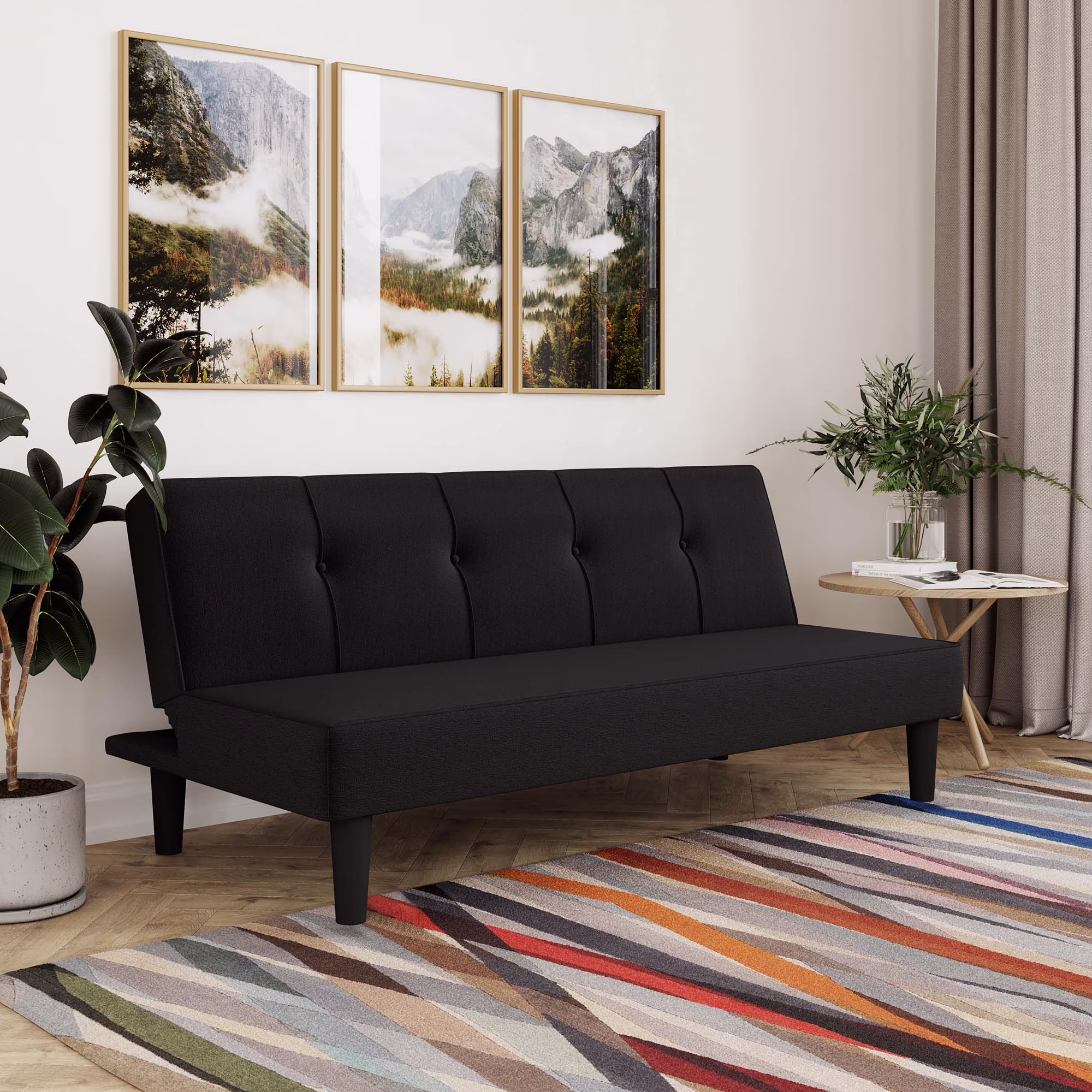 Langston Modern Futon with Black Legs, Black Fabric