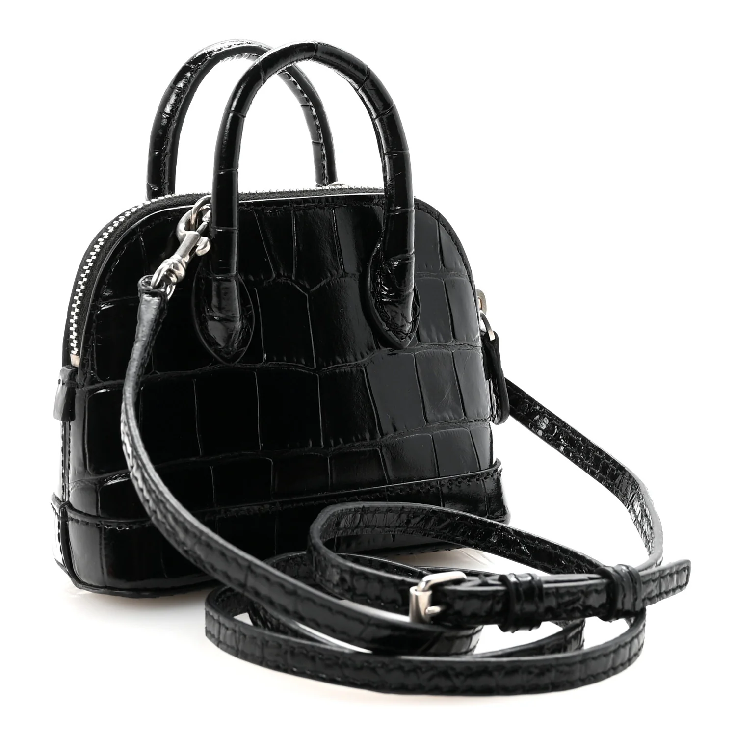 Shiny Calfskin Logo Crocodile Embossed Mini Ville Top Handle Bag Black