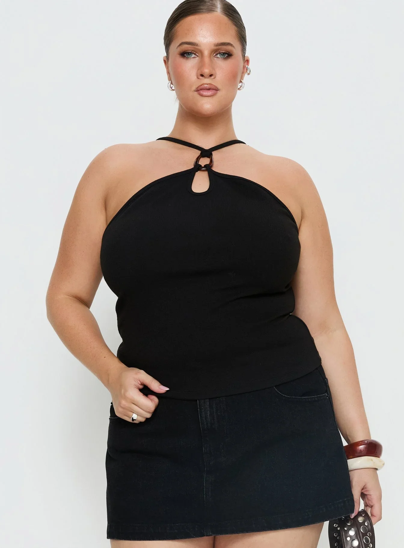 Teyla Ring Detail Top Black Curve
