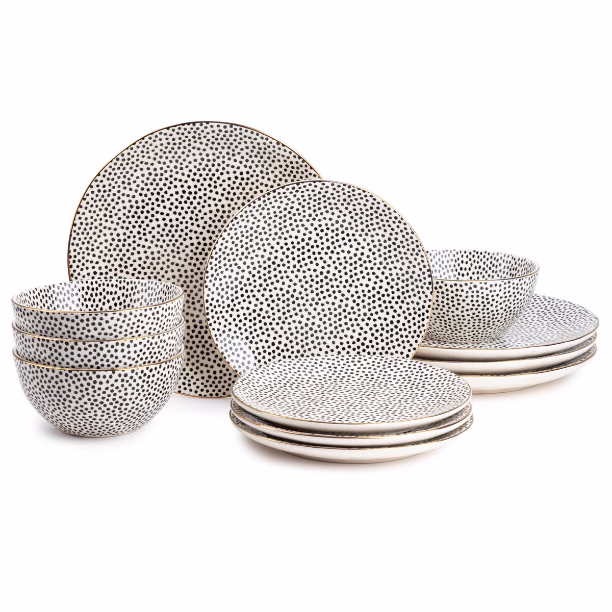 Table Dinnerware Black White Dot Stoneware, 12 Piece Set(black)