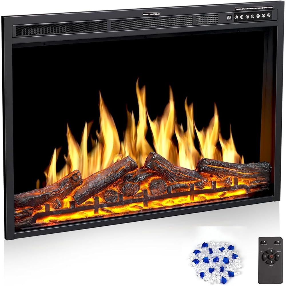 37" Electric Fireplace Insert, Adj. Flame & Log Colors, Remote, 750/1500W
