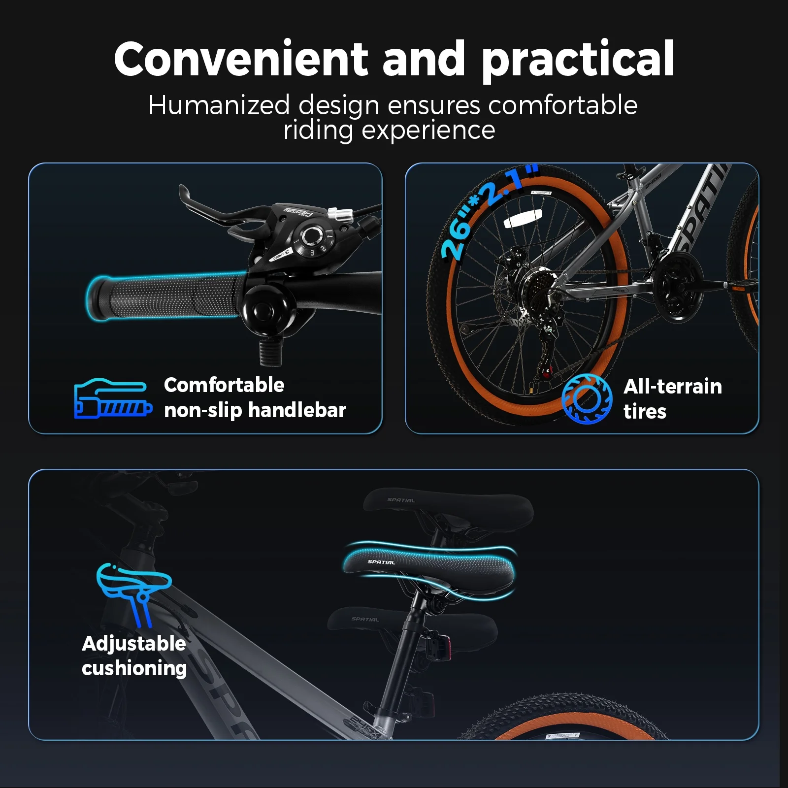 SPATIAL 24/26/27.5/29 in Mountain Bike, 8/21 Speed Lightweight Aluminum Magensium Frame Mountain Bicycle, Fits Men Women Teenagers Adult Disc Brake MTB Bicycle