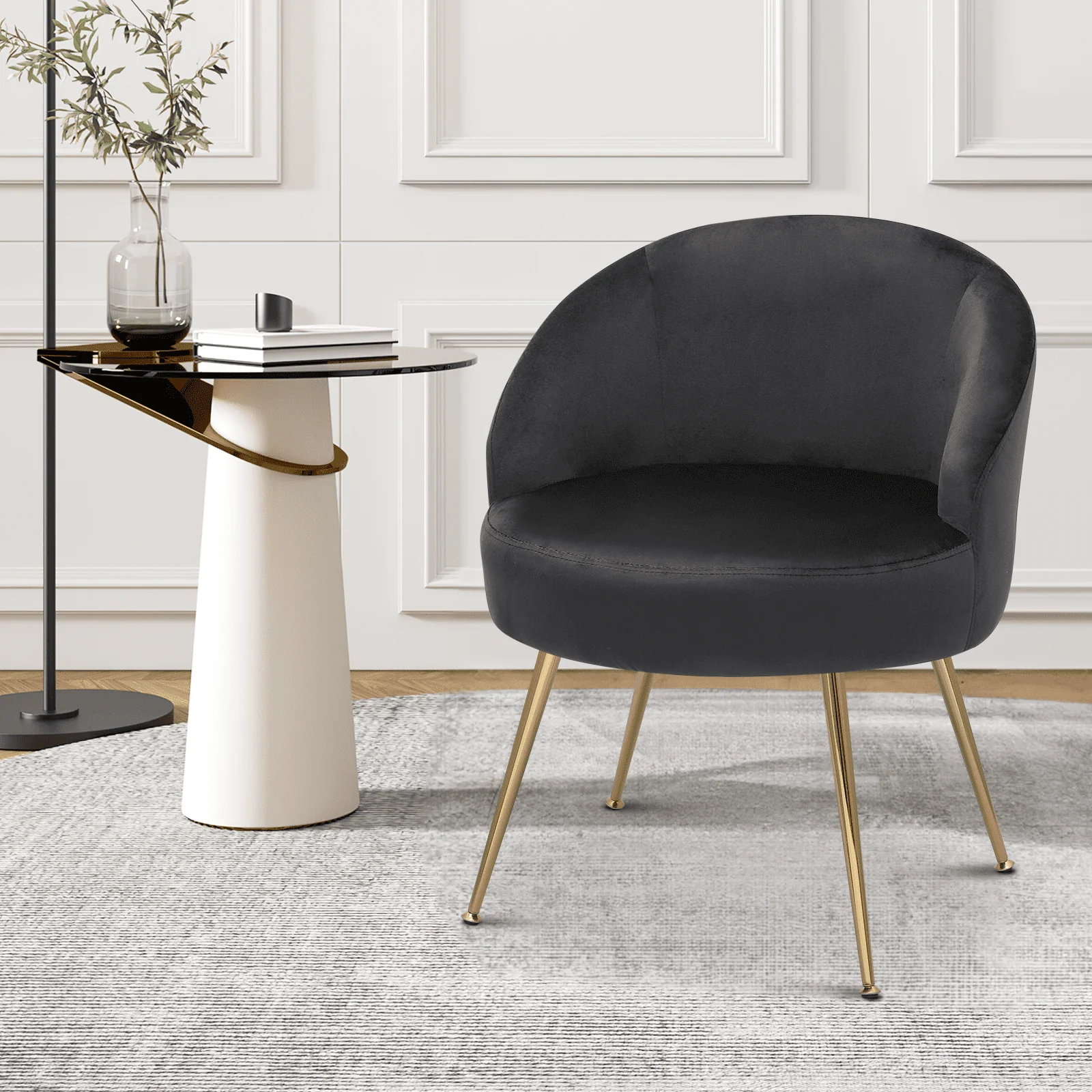 Velvet Accent Chair, Modern Upholstered Single Sofa Side Chair, Comfy Barrel Club Living Room Armchair with Golden Metal Legs for Bedroom Reading Room Office, Black(Black) - Image 5