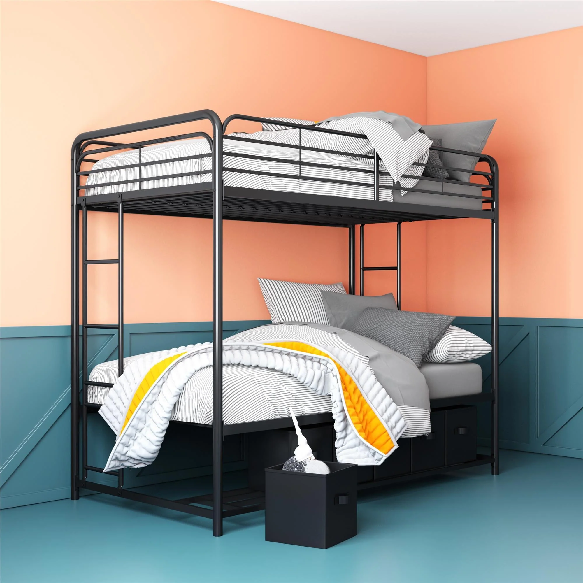 Mainstays Twin Over Twin Metal Bunk Bed with Storage Bins, Black